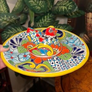 Talavera Mexican Pottery Colorful Hen on Nest Deviled Egg Serving Dish Platter